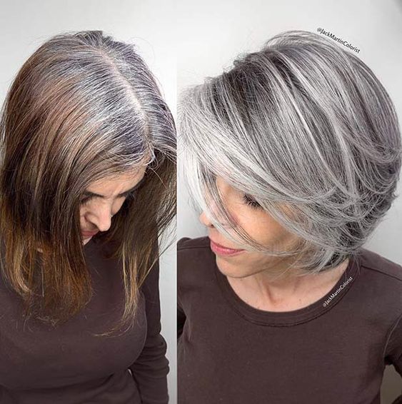 before and after of silver hair application