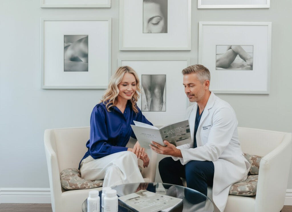 A male doctor in a white lab coat shows a beautiful blonde woman a wellness booklet. She wears a dark blue silk shirt and white pants while photos of women's anatomical bodies are on the wall behind her.