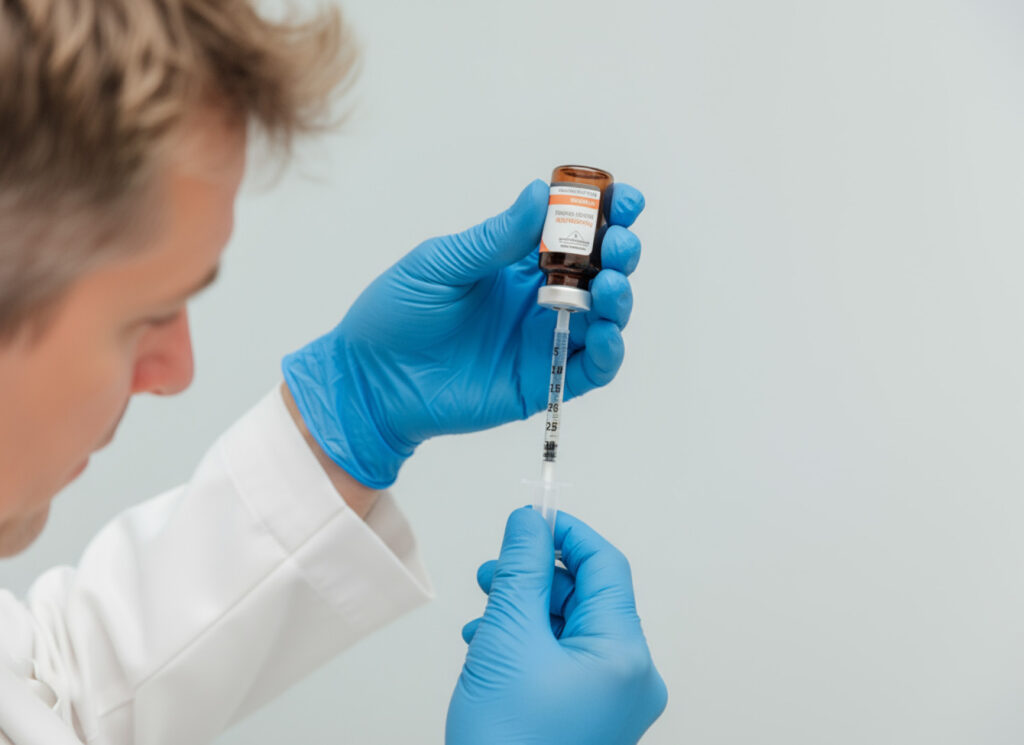 A male doctor in his mid-40's draws serum from a weight loss vessel into a hypodermic needle. His gloves are blue.